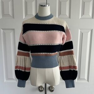 Self-Portrait Striped Pointelle Puff Sleeve Cotton Wool Sweater Size S